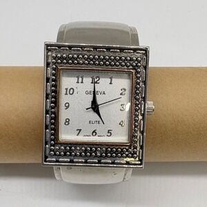 Geneva Elite 853 Womens Square Beaded Cuff Watch Silver Tone Quartz Japan Movt